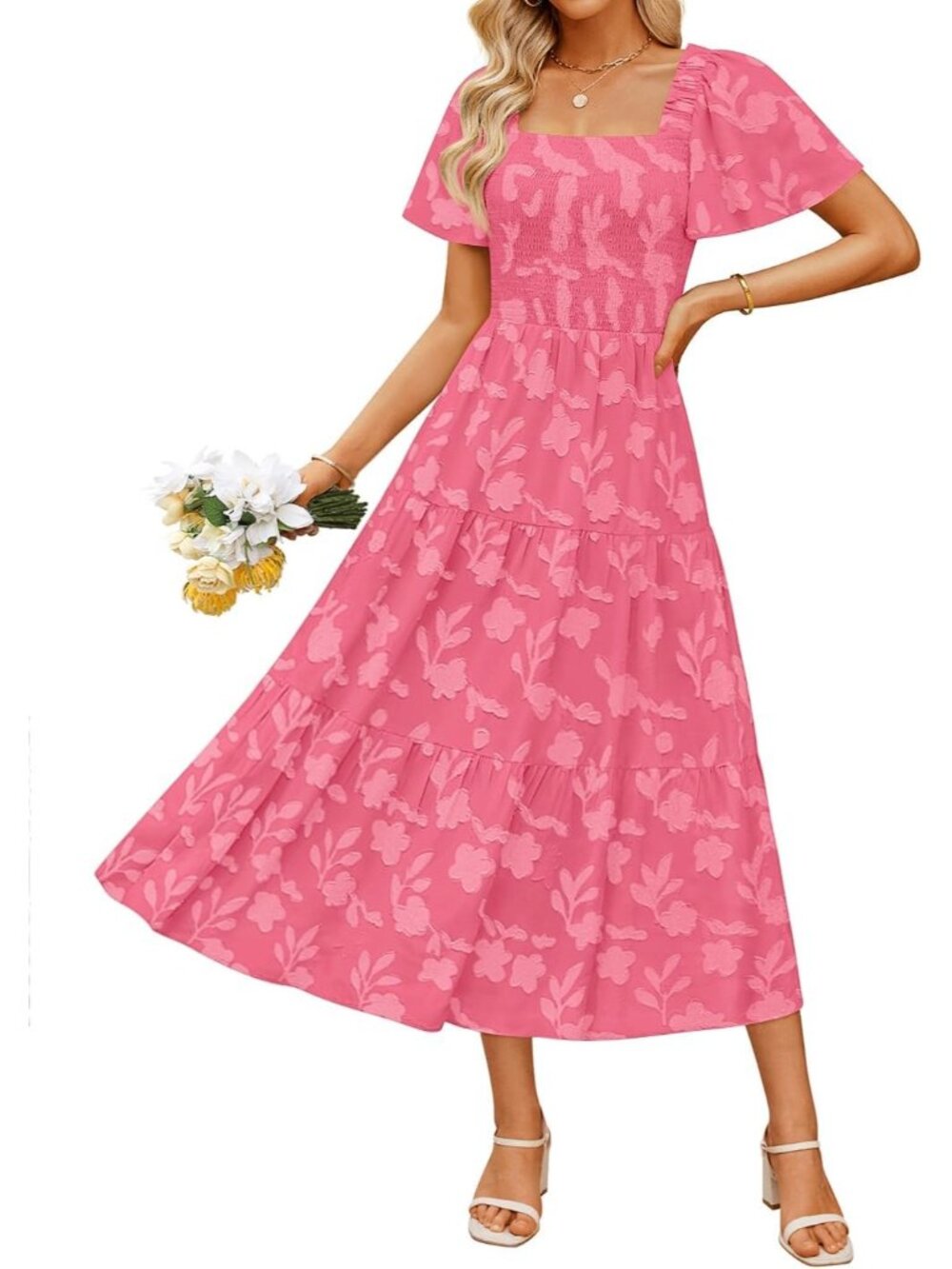 Women's Hotpink 2026 Summer Casual Boho Short Sleeve Wedding Guest Midi Dresses